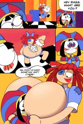 2girls big_breasts breast_expansion breasts breasts_bigger_than_head breasts_bigger_than_torso busty button_eye cleavage clothing dialogue doll_girl dress female female_only huge_breasts hyper hyper_breasts large_breasts massive_breasts oboithisisfunky png pomni_(the_amazing_digital_circus) ragatha_(the_amazing_digital_circus) red_hair smothering stuffing text the_amazing_digital_circus top_heavy