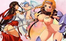 3girls :o angel angel_wings armor armpits ass asymmetrical_wings black_hair blade blonde_hair blue_eyes blue_hair blush boots braid breasts buckle elbow_gloves flying gloves green_eyes hair_ornament hairband hairclip hakama headband highres innie_pussy japanese_clothes jewelry katana large_breasts leina lingerie long_hair looking_back miko multiple_girls nanael navel nipples nude nude_filter open_mouth panties photoshop polka_dot polka_dot_panties purple_eyes pussy queen's_blade rin-sin ring short_hair smile strap sword tearing_clothes thigh_boots thigh_strap thighhighs tomoe torn_clothes twin_braids uncensored underwear very_long_hair wardrobe_malfunction weapon wings