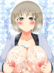 blush breasts brown_eyes brown_hair clothing cum cum_on_breasts cum_on_face devil_survivor_2 female huge_breasts large_breasts male megami_ibunroku_devil_survivor nitta_io outercourse paizuri short_hair straight tagme translation_request