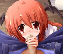 bat_wings blush censored fellatio female head_wings highres koakuma long_hair male_pov midoriiro_no_shinzou oral penis pov red_eyes red_hair succubus the_embodiment_of_scarlet_devil touhou unseen_male_face wings