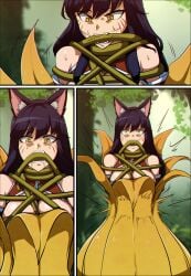 1girls 2d 9_tails ahri artist_name big_breasts biting_vine black_hair blue_belt boob_window breasts clothed_female comic comic_page female female_only female_prey forest fox_ears fox_girl khear kitsune league_of_legends plant red_topwear struggling_prey struggling_to_get_out swallowing swallowing_whole unwilling_prey vines vore white_eyes white_skirt willing_pred wrapped_up yellow_iris
