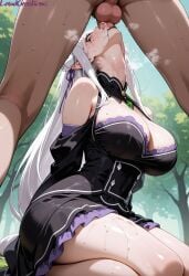 1boy 1boy1girl 1girls absurd_res ai_generated big_breasts black_eyelashes black_eyeliner black_lipstick blowjob blowjob_face blush blush_lines breasts cum cum_drip cum_dripping cum_dripping_down_chin cum_in_mouth cum_inside cumdrip cumshot curvy curvy_figure deep_blowjob deep_penetration deep_skin deep_throat deepthroat elf elf_ears elf_female elf_girl emilia_(re:zero) female forest goth goth_girl gothic grass grass_field green_background hair_ornament high_resolution highres kneeling large_breasts lewdcreationsai light-skinned_female light_skin male outdoors purple_eyes re:zero_kara_hajimeru_isekai_seikatsu runny_makeup runny_mascara sexually_suggestive stable_diffusion steam steaming_body steamy_breath submissive submissive_female sweat sweatdrop sweating sweaty sword_swallowing_position tagme tears thick thick_legs thick_thighs thighs throat_abuse throat_bulge throat_fuck throat_penetration throat_pounding throat_swabbing