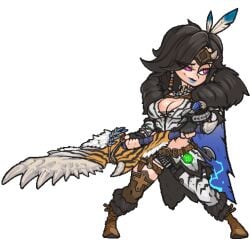 1woman animated anjanath_(armor) black_fur blue_lipstick breasts busty_female capcom cape cleavage female fulgur_anjanath_(armor) gift_art greatsword hunter_(monster_hunter) jiggle_physics large_breasts lighting looping_animation monster_hunter monster_hunter_(series) monster_hunter_wilds monster_hunter_world muhut png tetona tiger_print violet_eyes voluptuous_female wig