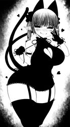 blush braids breasts cat_ears cleavage ginku_mh lingerie monochrome pointy_ears rin_kaenbyou smile stockings tail touhou