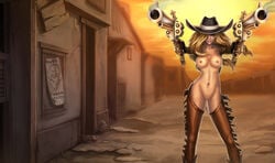 ass blonde_hair blue_eyes breasts cowboy cowgirl_miss_fortune gun hat high_noon_series jacket league_of_legends long_hair nail_polish nipples nude pirate sarah_fortune wanted weapon