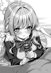 1boy bar_censor blue_archive bow bowtie braid breasts breasts_out censored clothed_female_nude_male commentary_request diagonal-striped_bow diagonal-striped_bowtie diagonal-striped_clothes dutch_angle erection eyelashes female flower_halo fukemachi furrowed_brow greyscale hair_between_eyes hair_intakes hair_ribbon hairbow halo handjob highres jacket large_breasts long_hair long_sleeves looking_at_another lying male male_pubic_hair miniskirt miyo_(blue_archive) monochrome nude on_side open_clothes open_jacket open_mouth open_shirt paid_reward_available penis pleated_skirt pov pov_crotch precum pubic_hair ribbon ribbon_braid school_uniform sidelocks skirt solo solo_focus straight striped_bow striped_bowtie striped_clothes sweat textless_version tsurime very_long_hair