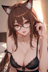 1girls ai_generated animal_ears bedroom bedroom_eyes big_breasts bra brown_hair cat_ears female female_focus female_only long_hair nekomimi seductive self_upload solo solo_female solo_focus teasing underwear underwear_only