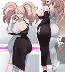 absurdres ahoge alternate_breast_size_(larger) ass ass_support back bare_shoulders bear bear_hair_ornament big_hair black_dress black_sleeves blonde_hair blood blood_splatter blue_eyes breasts cleavage collarbone commentary curvy danganronpa danganronpa:_trigger_happy_havoc danganronpa_(series) detached_sleeves dress earpiece emmarrgus english_commentary enoshima_junko female from_behind gloves grabbing_own_ass gus_(emmarrgus) hair_ornament hands_on_own_ass highres huge_ass huge_breasts jacket junko_enoshima large_breasts long_hair long_sleeves looking_at_viewer looking_back monokuma necktie open_mouth pink_blood presenting presenting_ass red_eyes red_nails shirt smile strawberry_blonde_hair sunglasses that_one_random_junko_dress_trend thick_thighs thighs twintails white_sleeves
