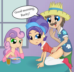 2012 balls bored cereal clothes cup eating english_text facial_hair female flower friendship_is_magic hair hair_on_head hat human humanized inside magnum_(mlp) male moustache my_little_pony ohohokapi orange_juice pants pearl_(mlp) penetration penis sex shirt shoes sitting spoon straight sweetie_belle_(mlp) table text window young