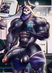 anthro anthro_male balls balls_in_underwear balls_out balls_out_of_underwear big_balls big_penis black_balls black_body black_chest_hair black_nipples black_penis black_pubes black_pubic_hair black_tank_top black_tanktop blue_eyes blue_phone blue_underwear camera_flash chest_hair english_dialogue english_text erection erosterone fate_(series) flash glans_outline gym gym_equipment hairy hairy_chest hairy_male half-erect hanging_balls hard_cock hard_on hard_penis hood hooded horns humanoid humanoid_fingers humanoid_genitalia humanoid_hands humanoid_penis jockstrap jockstrap_bulge king_hassan low_hanging_balls male male_anthro male_only massive_penis mirror_image mirror_reflection mirror_selfie muscles muscular muscular_anthro muscular_male partially_clothed partially_clothed_anthro partially_clothed_male partially_nude partially_nude_male penis penis_in_underwear penis_out penis_out_of_shorts penis_out_of_underwear phone pubes pubes_exposed pubic_hair purple_shorts red_glans selfie sending_nudes sending_photo shiny_skin shorts shorts_down skull_head snapchat snapchat_sexting spirit sweat sweatdrop sweating sweaty sweaty_body tank_top tanktop underwear veiny veiny_muscles veiny_penis