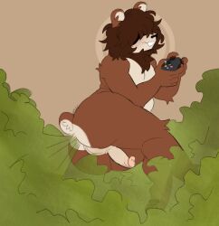 anthro anus ass backsack balls ballsack bear big_butt brown_body brown_fur brown_hair controller covered_eyes digital_media_(artwork) fart fart_cloud fart_fetish fur game_controller genitals hair hi_res male mammal nude open_mouth penis pipskunk simple_background sitting smile solo