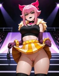 ai_generated black_lipstick brawl_star brawl_stars crop_to crop_top female flashing_pussy gloves holding_panties melodie_(brawl_stars) miniskirt necklace performance pink_hair pussy pussy_juice seductive_look seductive_smile short_hair stage