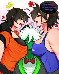 2girls1boy angry angry_face angry_symbol animated arguing aspah_(ceofrieza) black_eyes black_hair boob_focus dragon_ball dragon_ball_oc eating eating_food english english_text face_in_breasts female fully_clothed green_skin r0nica_playss saiyan saiyan_female sandwiched self_insert son_gochi_(ceofrieza) sound tagme tallfreezie video voice voice_acted white_hair yelling_at_another