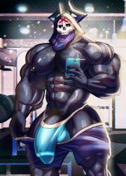 anthro anthro_male balls balls_in_underwear big_balls big_penis black_body black_chest_hair black_nipples black_penis black_pubes black_pubic_hair blue_eyes blue_phone blue_underwear camera_flash chest_hair erosterone fate_(series) flash glans_outline gym gym_equipment hairy hairy_chest hairy_male half-erect hood hooded horns humanoid humanoid_fingers humanoid_genitalia humanoid_hands humanoid_penis jockstrap jockstrap_bulge king_hassan male male_anthro male_only massive_penis mirror_image mirror_reflection mirror_selfie muscles muscular muscular_anthro muscular_male partially_clothed partially_clothed_anthro partially_clothed_male partially_nude partially_nude_male penis penis_in_underwear penis_out penis_out_of_shorts phone pubes pubes_exposed pubic_hair purple_shorts selfie shiny_skin shorts shorts_down skull_head spirit sweat sweatdrop sweating sweaty sweaty_body underwear veiny veiny_muscles veiny_penis