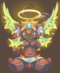 2013 blush breasts brown_background brown_fur female green_eyes halo mukomizu nipples plain_background pussy sitting solo wings