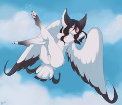 adiago airborne anthro anus ass breasts cloud dragon feathers female furry looking_at_viewer nude pinup pussy solo wings