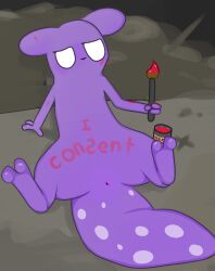 2_toes 3_fingers anonymous_artist anus bedroom_eyes blush explicitly_stated_consent feet fingers hi_res leaning leaning_backward mouthless narrowed_eyes not_blood null null_with_anus paint paint_on_self painting painting_on_self presenting presenting_anus purple_body rain_world red_paint seductive simple_background solo spearmaster_(rain_world) tail tail_spots thick_tail toes videocult white_eyes