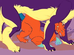 airless asphyxiation crouching digitigrade doggy_style dragon duo female feral feral_on_feral from_behind furred_dragon katsumi large_penis looking_at_viewer male open_mouth orange_body penetration penis purple_background purple_body pussy raised_tail sex size_difference sizeplay sizeshift straight strangling uncensored