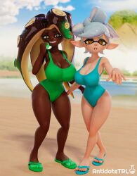 2girls 3d antidotetrl antisplat ass ass_grab beach big_ass big_breasts big_hips black_hair breasts casual clothed clothed_female clothing dark-skinned_female dark_skin feet female female_only flip_flops grabbing_another's_ass grabbing_ass green_hair happy happy_female humanoid marie_(splatoon) marina_(splatoon) nintendo nipples nonsexual octoling octoling_girl octopus_girl octopus_humanoid one-piece_swimsuit orange_eyes pale_skin sand sandals smile smiling splatoon splatoon_(series) splatoon_2 swimsuit swimwear tentacle_hair thick_thighs toes two-tone_hair water white_hair