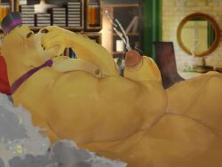 anthro artist_request bars bear big_muscles big_penis big_thighs blush bow_tie bowtie buff cum cumshot detailed_background five_nights_at_freddy's fredbear_(fnaf) fur furry genitals hand_on_penis hand_over_mouth hand_over_own_mouth hat hi_res highres huge_cock indoors large_penis male male_only mammal masturbation motion_lines muscular muscular_male naked nipples nude on_back on_bed orgasm pecs pectorals penis solo solo_male source_request ursid yellow_body yellow_fur