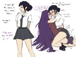 1futa 1girls 2girls blushing clothed_sex clothing cowgirl_position female futanari highschool_uniform intersex korean kpop_demon_hunters panties panties_around_one_leg penis riding_cock riding_penis rumi_(kpop_demon_hunters) short_skirt sketch skirt text uniform uniform_top white_background zoey_(kpop_demon_hunters)