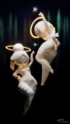 2girls 3d angel angel_(otalewda) angel_wings areolae artist_signature ass background bandage bandaged_arm bandaged_chest bandages bracelet bracelets closed_eyes eyelashes female glasses golden_eyes halo nipples nomi_(otalewda) otalewda pussy render sealed sealed_pussy shortstack sky_background wings