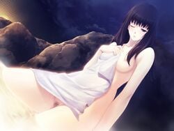 1girls bathhouse black_hair exposed_breast exposed_pussy female female_only game_cg half-closed_eyes half_covered innocent_grey kara_no_shoujo long_hair nude partially_submerged pubic_hair pussy sugina_miki thighs towel tsukishima_orihime uncensored