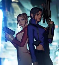 2girls 3d ass black_hair blonde_hair cleavage_cutout fear_effect female female_only hana_tsu-vachel jacket litoperezito rain_qin red_clothing thong tied_hair weapon