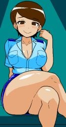 1girls 2d big_breasts blush brown_eyes brown_hair cleavage clothed crossed_legs fukei_(jermaneels) game_cg jermaneels large_breasts looking_at_viewer pixel_art police_uniform policewoman short_hair sitting skirt smile strip_rock-paper-scissors_-_police_edition thick_thighs thighs