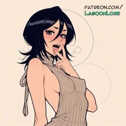ai_generated artist_name average_breasts black_hair bleach blush breasts bust chest covered_nipples cunnilingus_gesture erect_nipples_under_clothes female gradient gradient_background hair_between_eyes hi_res highres kuchiki_rukia lagoonlore looking_at_viewer medium_breasts meme_attire normal_breasts open_mouth patreon patreon_username purple_eyes ribbed_sweater sideboob solo sweater tongue tongue_out turtleneck virgin_killer_sweater watermark