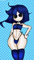 blue_hair blush boots bulge choker dutch emo femboy feminine_male glaring_at_viewer goth hugo(character) lingerie male oc original_character puddinpuddgi short_male supersludge trap