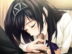 black_hair blush bow closed_eyes fellatio female game_cg hairband handjob innocent_grey kara_no_shoujo long_hair oral penis ribbon saliva school_uniform sugina_miki tsukishima_orihime uncensored