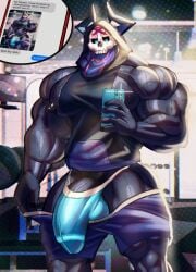 anthro anthro_male balls balls_in_underwear big_balls big_penis black_body black_nipples black_penis black_pubes black_pubic_hair black_tank_top black_tanktop blue_eyes blue_phone blue_underwear camera_flash english_dialogue english_text erosterone fate_(series) flash glans_outline gym gym_equipment hairy hairy_male half-erect hood hooded horns humanoid humanoid_fingers humanoid_genitalia humanoid_hands humanoid_penis jockstrap jockstrap_bulge king_hassan male male_anthro male_only massive_penis mirror_image mirror_reflection mirror_selfie muscles muscular muscular_anthro muscular_male partially_clothed partially_clothed_anthro partially_clothed_male partially_nude partially_nude_male penis penis_in_underwear phone pubes pubes_exposed pubic_hair purple_shorts selfie sending_nudes sending_photo shiny_skin shorts shorts_down skull_head snapchat snapchat_sexting spirit sweat sweatdrop sweating sweaty sweaty_body tank_top tanktop underwear veiny veiny_muscles veiny_penis