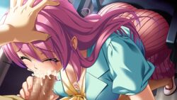 16:9 blowjob bra breasts censored cleavage closed_eyes clothing cum cum_in_mouth cum_inside fellatio forced_oral hand_on_head himekawa_yurika large_breasts mesu_kyoushi_3 mizushima_oonari oral penis pink_hair skirt