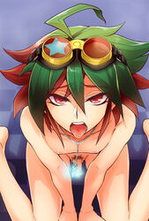 ahoge beige_penis beige_skin counterpart goggles goggles_on_head green_hair jewelry male multicolored_hair necklace nipples nude open_mouth penis pov pubic_hair red_eyes red_hair sitting tan_penis tan_skin tongue tongue_out wariza yu-gi-oh! yu-gi-oh!_arc-v yuya_sakaki zero_q