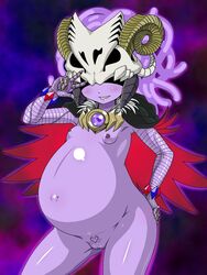 0k0j0 archfiend_heiress areolae armband ass belly_piercing blush breasts demon demon_girl female grin horns mask navel navel_piercing necklace nipples nude piercing pregnant pussy small_breasts solo tattoo teeth v yu-gi-oh!