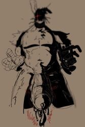 1_arm 1_eye 1boy 2025 animatronic anthro blur bodily_fluids body_hair bottomwear bow_tie cock_pointing_towards_viewer digital_drawing_(artwork) digital_media_(artwork) dripping dripping_precum faceless_male featureless_chest five_nights_at_freddy's five_nights_at_freddy's_2 fur hair hand_reaching hands_out huge_cock katztonight looking_at_viewer machine male mammal missing_arm musclegut muscular muscular_anthro muscular_male no_face one_ear_up pecs penis precum rabbit red_eyes red_text robot scottgames sharp_teeth slightly_chubby smile solo solo_male sweat sweatdrop sweating teeth thick_thighs topless uncensored uncropped white_eyes withered_bonnie