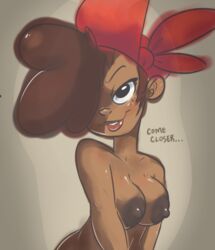 areolae bandana breasts brown_hair cleavage dark-skinned_female dark_nipples dark_skin female hair_over_one_eye justin_m_durden large_areolae large_breasts lips nipples nude puffy_nipples roxie_(skullgirls) skullgirls solo