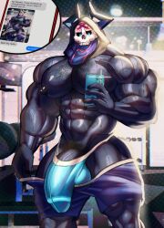 anthro anthro_male balls balls_in_underwear balls_out balls_out_of_underwear big_balls big_penis black_balls black_body black_chest_hair black_nipples black_penis black_pubes black_pubic_hair black_tank_top black_tanktop blue_eyes blue_phone blue_underwear camera_flash chest_hair english_dialogue english_text erection erosterone fate_(series) flash glans_outline gym gym_equipment hairy hairy_chest hairy_male half-erect hanging_balls hard_cock hard_on hard_penis hood hooded horns humanoid humanoid_fingers humanoid_genitalia humanoid_hands humanoid_penis jockstrap jockstrap_bulge king_hassan low_hanging_balls male male_anthro male_only massive_penis mirror_image mirror_reflection mirror_selfie muscles muscular muscular_anthro muscular_male partially_clothed partially_clothed_anthro partially_clothed_male partially_nude partially_nude_male penis penis_in_underwear penis_out penis_out_of_shorts penis_out_of_underwear phone pubes pubes_exposed pubic_hair purple_shorts red_glans selfie sending_nudes sending_photo shiny_skin shorts shorts_down skull_head snapchat snapchat_sexting spirit sweat sweatdrop sweating sweaty sweaty_body tank_top tanktop underwear veiny veiny_muscles veiny_penis