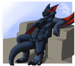 2013 abs avian balls bass_(artist) beak claws erection gryphon looking_at_viewer male male_only monster_hunter nargacuga no_humans penis precum presenting sitting solo toe_claws video_games