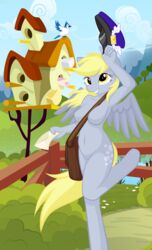 2013 avian bag bird blonde_hair breasts bush cloud cutie_mark derpy_hooves feathers female fence friendship_is_magic grass grey_feathers grey_skin hair hat hi_res hooves letter long_hair mountain my_little_pony navel nude outside postman pussy sky smile solo standing thighs tree whitmaverick wings yellow_eyes