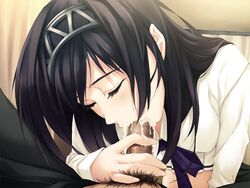 black_hair blush bow closed_eyes fellatio female game_cg hairband handjob innocent_grey kara_no_shoujo long_hair oral penis ribbon saliva school_uniform sugina_miki tsukishima_orihime uncensored