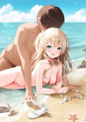 ai_assisted ai_generated all_fours beach blue_eyes blue_sky blush breasts brown_hair cloud collarbone completely_nude deep_penetration female hair_ribbon long_hair looking_at_viewer lying medium_breasts nipples nude nude_filter ocean open_mouth outside outside_sex prone prone_bone pussy pussy_juice sex sex_from_behind shell sweat thighs third-party_edit trembling weri wet