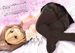 artificial_vagina ass between_breasts black_legwear blonde_hair blush breasts cover cover_page cum doujin_cover feet female japanese_text large_breasts legs looking_at_viewer nipples object_between_breasts open_mouth panties panties_under_pantyhose pantyhose ribbed_sweater roteri_(roteri_69) short_hair skirt solo sweater tear text thighband_pantyhose touhou underwear yamame_kurodani yellow_eyes