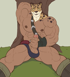 abs arody balls biceps boots cocky feline guin guin_saga human hybrid hyper_muscles inviting leopard loincloth looking_at_viewer male male_only manly muscles muscular_legs mutant-serpentina mutant_serpentina pecs penis reclining solo tree