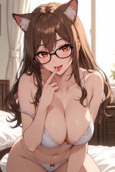 1girls ai_generated animal_ears bedroom bedroom_eyes big_breasts bra brown_hair cat_ears female female_focus female_only long_hair nekomimi seductive self_upload solo solo_female solo_focus teasing underwear underwear_only