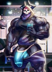 anthro anthro_male balls balls_in_underwear big_balls big_penis black_body black_chest_hair black_nipples black_penis black_pubes black_pubic_hair black_tank_top black_tanktop blue_eyes blue_phone blue_underwear camera_flash erosterone fate_(series) flash glans_outline gym gym_equipment hairy hairy_male half-erect hood hooded horns humanoid humanoid_fingers humanoid_genitalia humanoid_hands humanoid_penis jockstrap jockstrap_bulge king_hassan male male_anthro male_only massive_penis mirror_image mirror_reflection mirror_selfie muscles muscular muscular_anthro muscular_male partially_clothed partially_clothed_anthro partially_clothed_male partially_nude partially_nude_male penis penis_in_underwear penis_out penis_out_of_shorts phone pubes pubes_exposed pubic_hair purple_shorts selfie shiny_skin shorts shorts_down skull_head spirit sweat sweatdrop sweating sweaty sweaty_body tank_top tanktop underwear veiny veiny_muscles veiny_penis