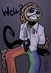 clock dandy's_world double_penis dyle_(dandy's_world) glaring hands_behind_back laluxic legs_spread loose_necktie manspreading open_legs open_pants scales sitting snake_tail tied_hands unusual_genitalia weird_penis