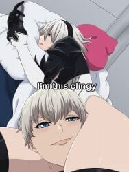 1boy 1girls 2d 2d_(artwork) 2d_artwork ashe_(artist) black_headband digital_media_(artwork) female head_between_thighs head_on_pillow headband im_this_clingy_(meme) leotard light-skinned_female light-skinned_male light_skin male meme_reference nier:_automata pillow puffy_sleeves shirl_geem smile thick_thighs thighhighs white_hair yorha_2b yorha_9s