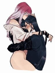 blush blush clothed clothing comforting face_in_breasts hugging lemononsticks path_to_nowhere rahu_(path_to_nowhere) shalom_(path_to_nowhere) shirt_only yuri